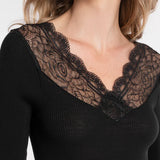 Oscalito Long Sleeved V-Neck Top with Leavers Lace Insert