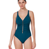 Gottex Profile Tutti Frutti V Neck Gold Beaded One Piece Swimsuit in Petrol