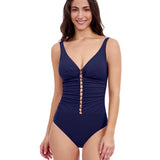 Gottex Profile Tutti Frutti V Neck Gold Beaded One Piece Swimsuit